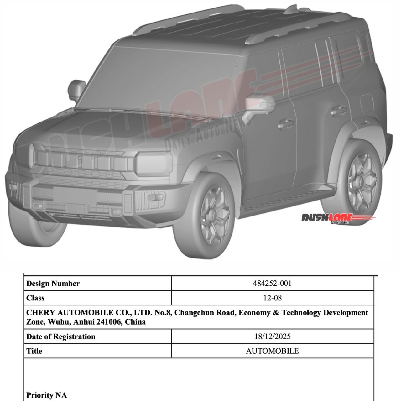 Chery Jetour T2 design patented in India