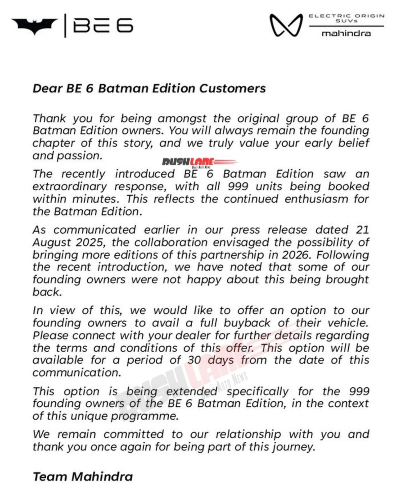 Mahindra BE6 Batman Edition Buyback Offer