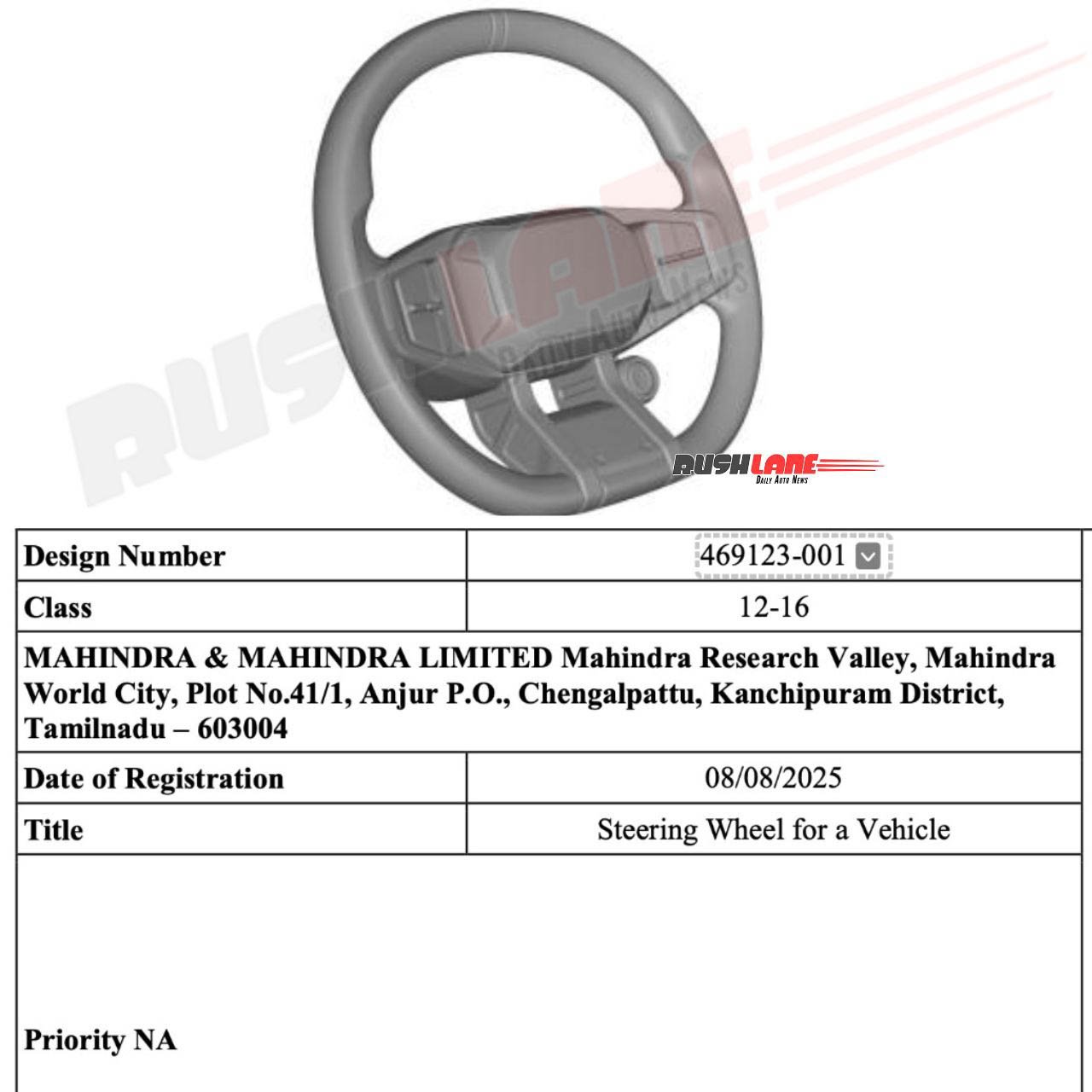 Mahindra Vision T and Vision SXT steering wheel patented