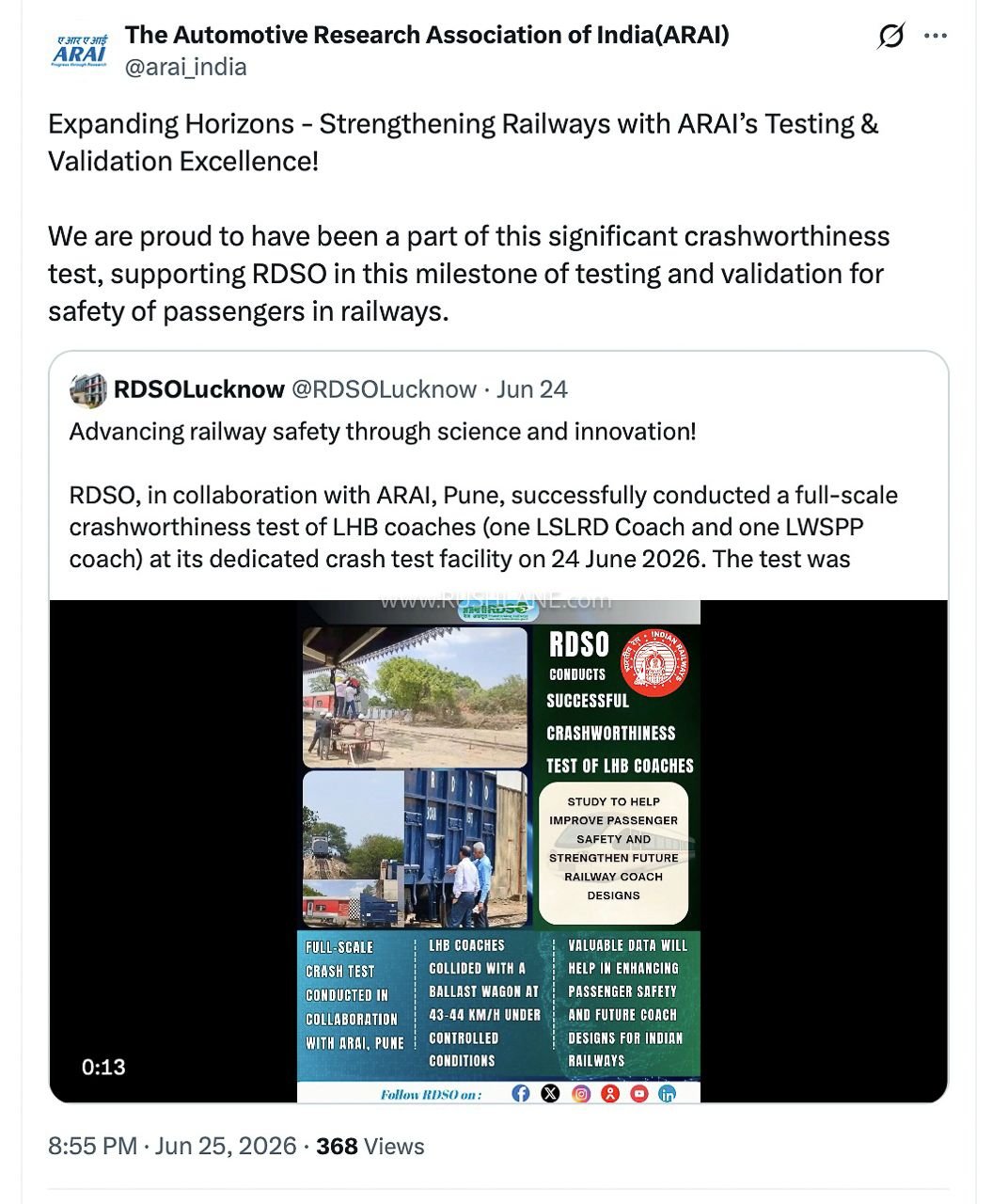 Indian Railways crash test with ARAI