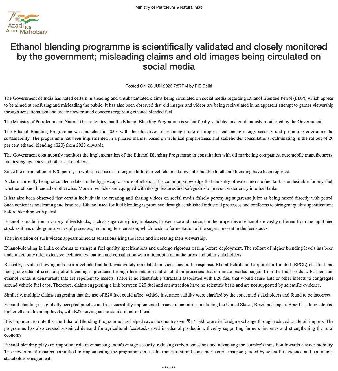 Government statement on ethanol blending