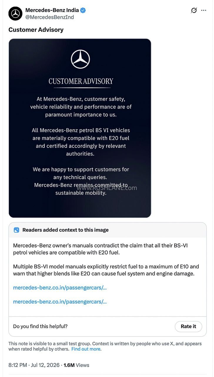 Mercedes-Benz India issues E20 compatibility advisory
